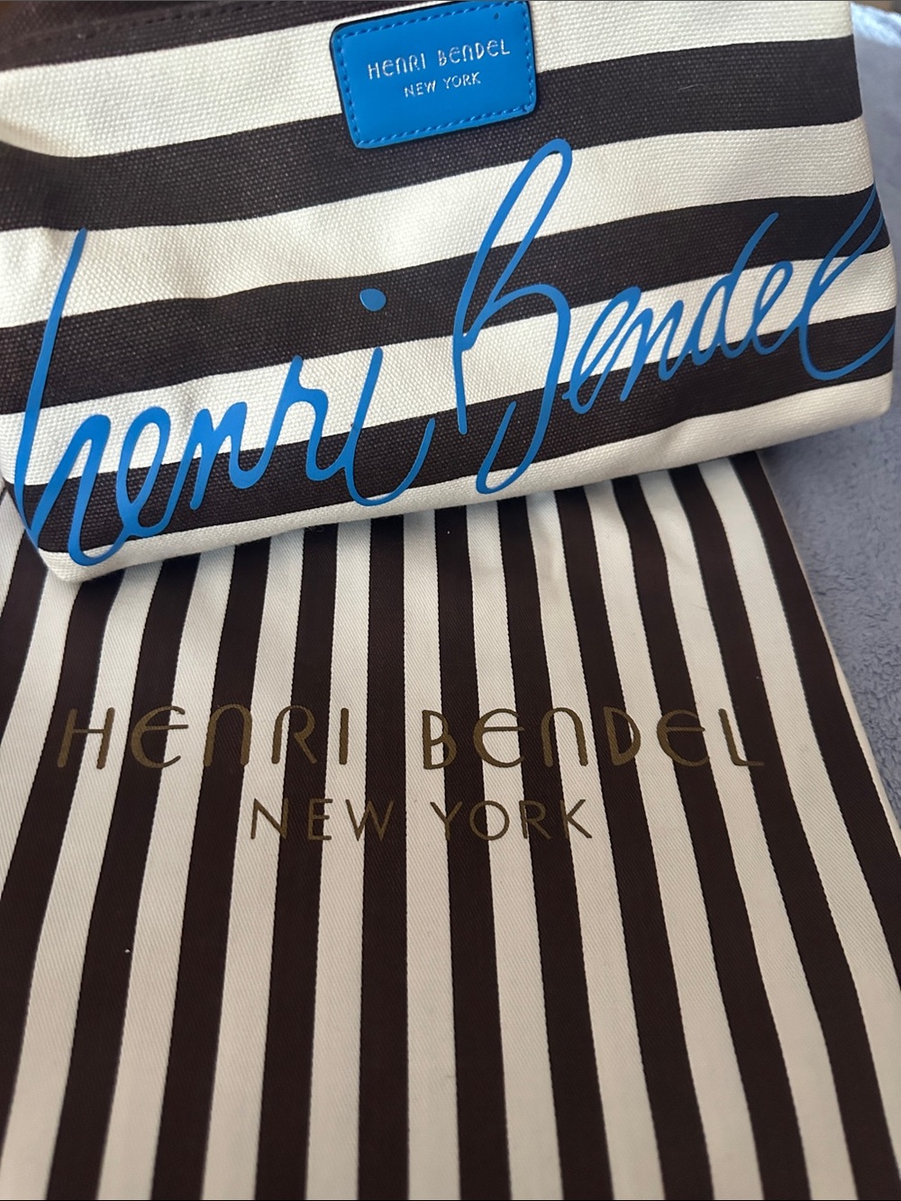 henri bendel Black and White Striped Cosmetic Bag with Blue Logo - Picture 6 of 6